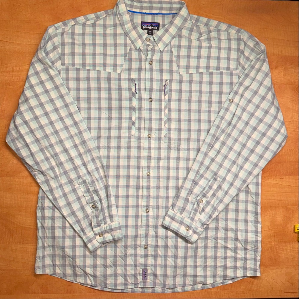 Patagonia Mens XXL Long Sleeve Plaid Fishing Shirt Blue Green Button Down